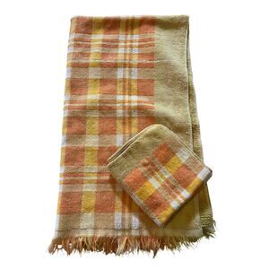 Vintage CONE towel & washcloth set orange greens white cotton 70s mod bathroom